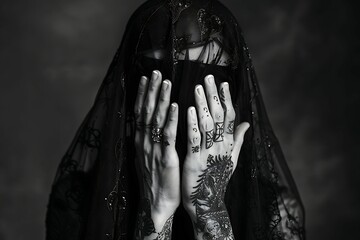 woman with her hands covering her face, in black and white, with tattooed arms - obrazy, fototapety, plakaty
