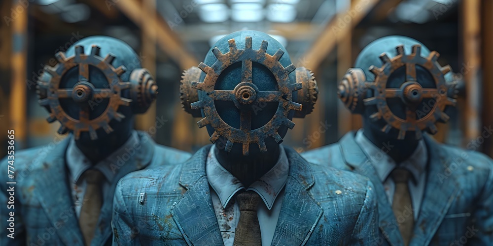 Poster 3d animation of office workers with heads replaced by gears symbolizing teamwork and productivity in