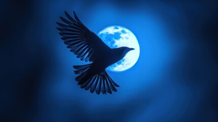 Fototapeta premium A bird in flight silhouetted against the cold blue light of a partially eclipsed sun, medium shot