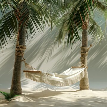3D rendering of an isometric hammock strung between two palm trees, embodying summer relaxation