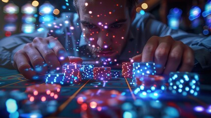 Businessman engaging in a virtual reality gambling tournament, viewing his holographic chip count, close-up