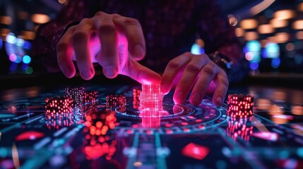 Businessman engaging in a virtual reality gambling tournament, viewing his holographic chip count, close-up