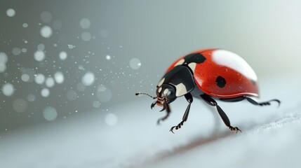 A ladybug is walking on a surface with a blurry background. The ladybug is the main focus of the image, and it is in motion. The blurry background suggests that the image was taken quickly