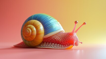 A colorful snail is laying on a pink surface. The colors of the snail are bright and vibrant, creating a cheerful and lively mood