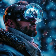 Close-up of a businessman with VR headset, witnessing glacier retreat on a holographic globe - obrazy, fototapety, plakaty