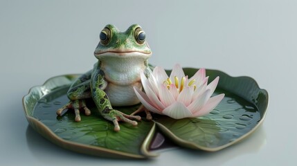 A frog is sitting on a leaf next to a pink flower. The frog is smiling and looking at the camera. Concept of happiness and playfulness, as the frog seems to be enjoying its surroundings