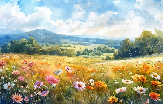 Tranquil Watercolor Landscape with Fields of Flowers Generative AI