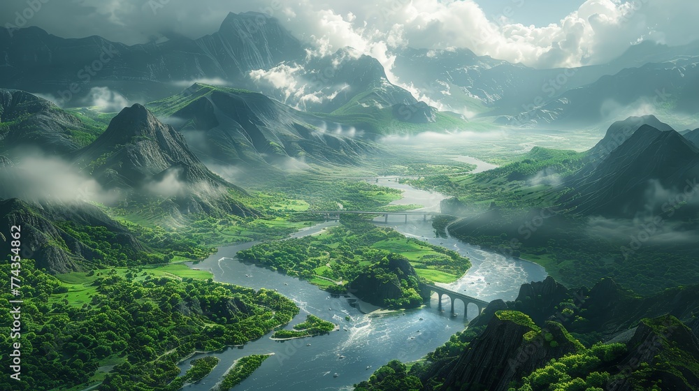 Poster a beautiful landscape with a river running through it. the mountains in the background are covered i