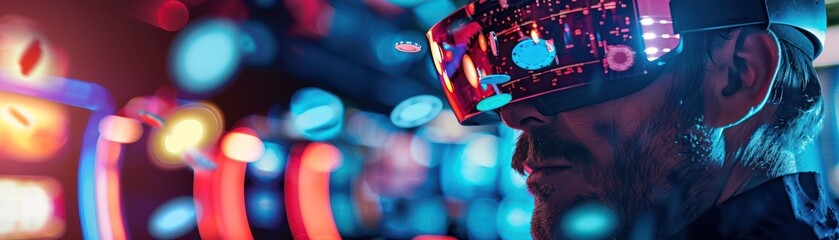 Close-up of a VR casino game seen through a businessman's perspective, with 3D holographic chips and cards - obrazy, fototapety, plakaty