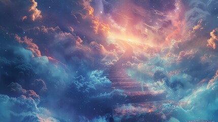 A colorful sky with a staircase in the clouds. The sky is filled with clouds and stars, and the staircase is made of light. The image has a dreamy and ethereal quality, with the colors - obrazy, fototapety, plakaty