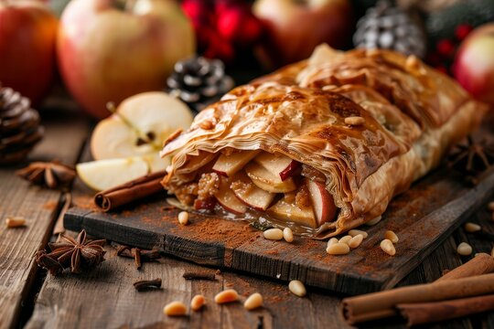 Apple strudel made from scratch with phyllo pastry cinnamon sultanas and pine nuts Festive dessert