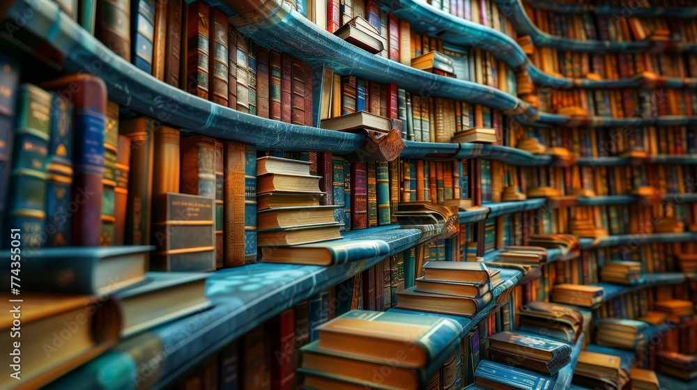 Poster a blue bookshelf with many books on it. the books are arranged in a way that they look like they are