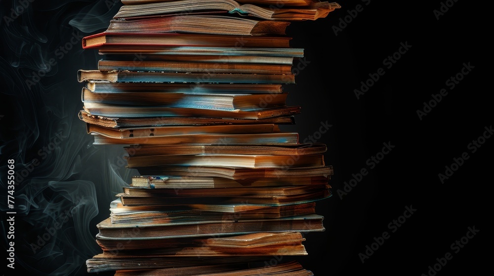 Poster a stack of books is piled on top of each other. the books are old and worn, and the stack is so high