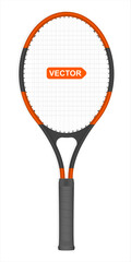 Vector realistic tennis racket, red and black color, isolated on white background. Vector illustration.