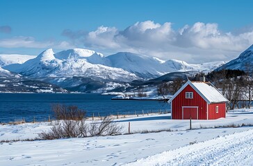 red wooden house in the distance, snowy Norwegian nature landscape