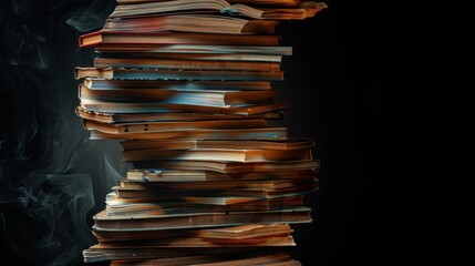 A stack of books is piled on top of each other. The books are old and worn, and the stack is so high that it almost reaches the ceiling. Concept of nostalgia and the passage of time - obrazy, fototapety, plakaty