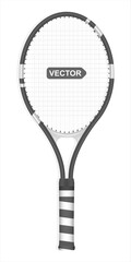 Vector realistic tennis racket, black color and white stripes, isolated on a white background. Vector illustration.