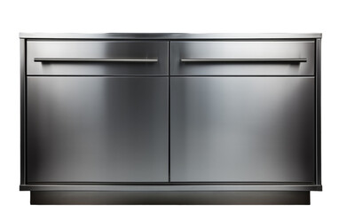 A stainless steel cabinet with two doors and two drawers, reflecting light in a modern space