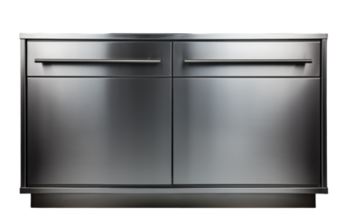 A stainless steel cabinet with two doors and two drawers, reflecting light in a modern space