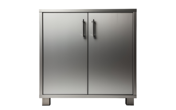 A stainless steel cabinet with two doors standing tall against a neutral background