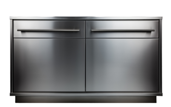 A stainless steel cabinet with two doors and two drawers, reflecting light in a modern space