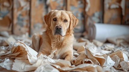 Dog sitting happily in a disarray of torn-up paper, looking innocently at the camera - obrazy, fototapety, plakaty