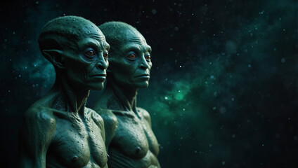 Ein Paar grüner, außerirdischer Aliens stehen auf der Oberfläche des Mondes - obrazy, fototapety, plakaty