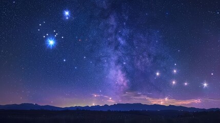 Fototapeta premium The sky is filled with stars and the moon is shining brightly. The stars are scattered throughout the sky, with some closer to the horizon and others higher up