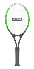 Vector realistic tennis racket, black and green color, isolated on white background. Vector illustration.
