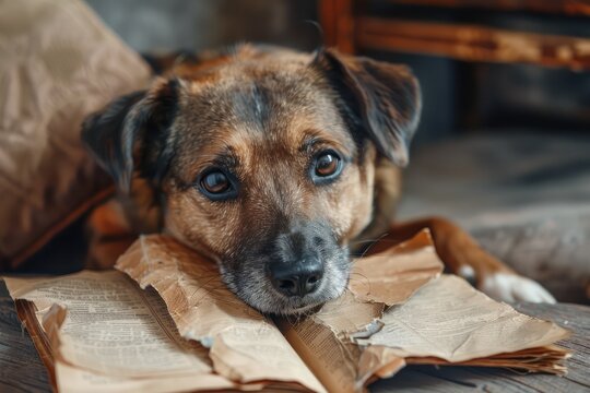 Dog looking innocently at the camera, with a ripped-up book next to it, close-up