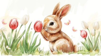 Easter Bunny Character with Pink and White Tulips - Watercolor Illustration Generative AI