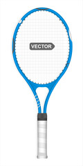 Vector realistic tennis racket, blue color and black and white patterns, isolated on a white background. Vector illustration.