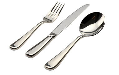 A knife, fork, and spoon elegantly arranged on a white background