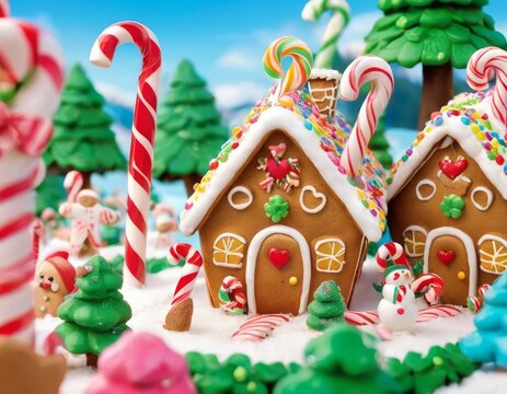 Vibrant gingerbread houses with intricate icing details nestled in a snowy landscape, complete with candy canes and cheerful holiday decorations.