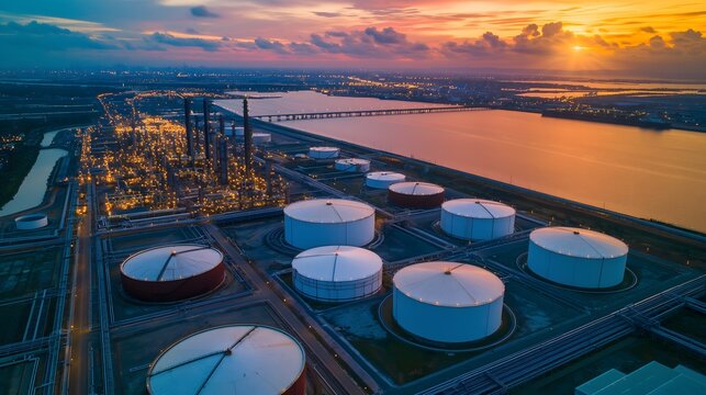 Drohnenaufnahme einer Hafenanlage mit Öltanks und Flüssiggastanks, Tanks voll mit Gas und Öl, Konzept Energieinfrastruktur