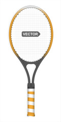 Vector realistic tennis racket, black and orange, isolated on a white background. Vector illustration.