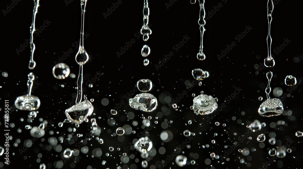 Poster a series of water droplets falling from the sky. the droplets are small and clear, and they are fall