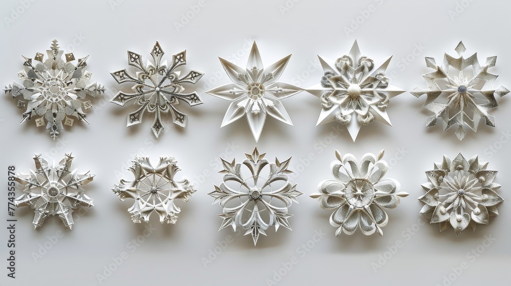 Poster a row of snowflakes are hanging on a wall. the snowflakes are all different sizes and shapes, but th
