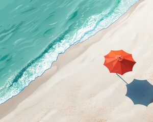 Isometric view of a minimalist summer beach scene, with a single umbrella casting a long shadow