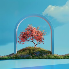 3D arch with a blue background, green grass and flowers on the ground