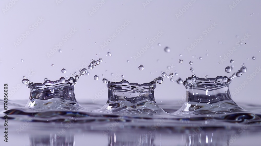 Poster three water droplets are splashing in the air, creating a beautiful and serene scene. the water drop