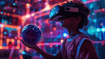 Medium shot of a kid in VR participating in a virtual sports lesson, practicing holographic basketball - obrazy, fototapety, plakaty