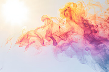 Obraz premium a blurry image of a wave of colored smoke on a white background with the sun shining in the background.