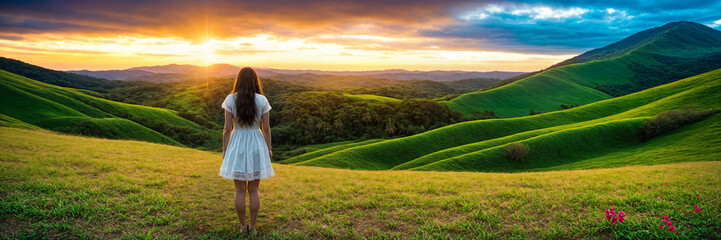 Fototapeta premium Hilltop Haven: Captivating Girl Enjoying the Spring Flowers