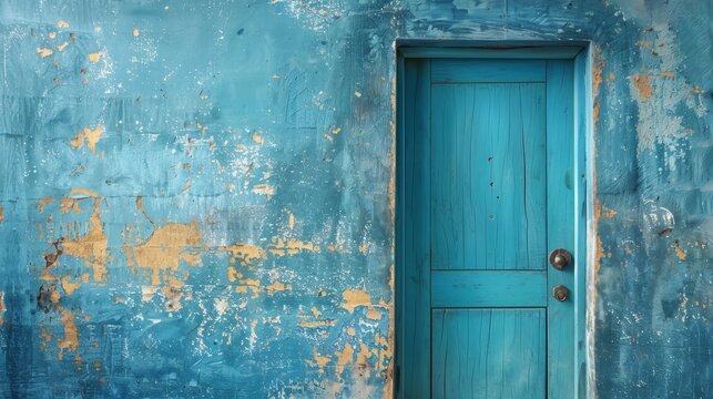 A blue door with a rusty knob sits in front of a blue wall. The door is open, and the wall is covered in peeling paint. The scene gives off a feeling of abandonment and neglect