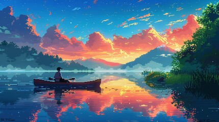 A man is in a canoe on a lake with a beautiful sunset in the background. The scene is peaceful and serene, with the man enjoying the calm waters and the stunning view - obrazy, fototapety, plakaty