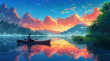 Foto op Canvas A man is in a canoe on a lake with a beautiful sunset in the background. The scene is peaceful and serene, with the man enjoying the calm waters and the stunning view © Sodapeaw