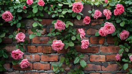 Charming Brick Wall Adorned with Pink Roses and Lush Vines Generative AI