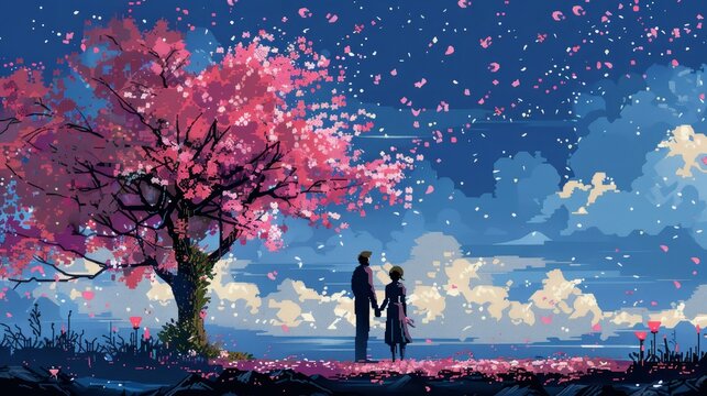 A couple standing in front of a tree with pink leaves. The sky is blue and there are clouds in the background