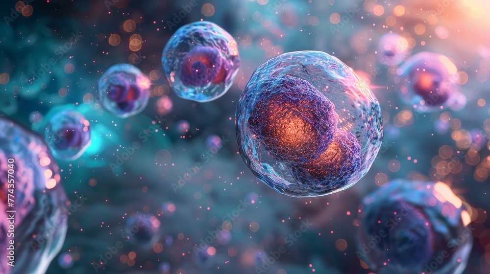 Poster a cluster of colorful cells are floating in the air. the colors are bright and vibrant, creating a s